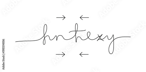 "Typography Adjustment". Minimalistic one-line drawing text with arrows above and below indicating spacing between characters, continuous single black line on