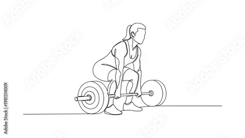 "Deadlift Exercise". Minimalistic one-line drawing person lifting barbell with proper form and focused posture, continuous single black line on white