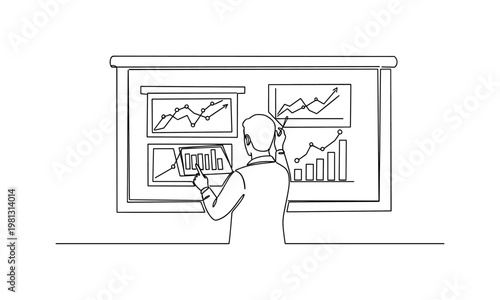 "Investor Presentation Planning". Minimalistic one-line drawing person organizing slides and graphs on a screen, continuous single black line on
