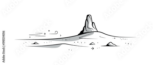 Arid landscape. A single rocky formation rises from flat sand, with subtle wind lines moving across the ground. Small dots and shapes emphasize dryness and