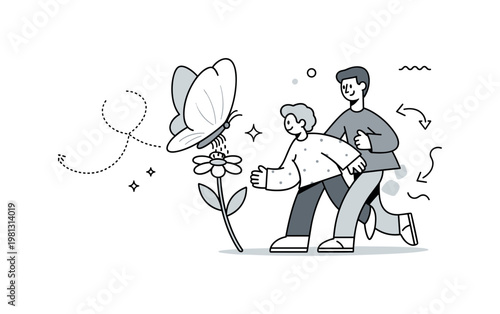 Butterfly pollination. A delicate butterfly lands on a simple flower, wings slightly open as subtle dotted paths show its flight. Small sparkles and pollen