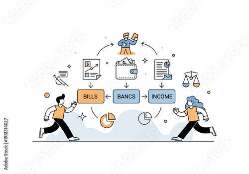 Financial planning support. A central figure organizes bills and income into neat categories, guided by arrows and simple icons like wallets and charts. Tiny