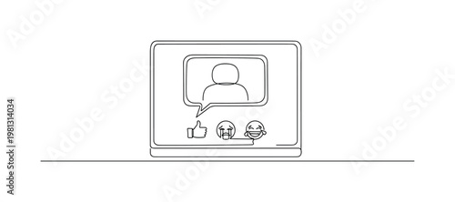 "Meme Concept". Minimalistic one-line drawing screen showing simple image with caption bubble and reaction icons, continuous single black line on white