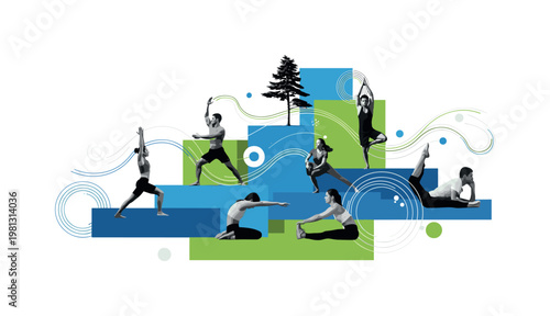 group of people doing outdoor fitness exercises like yoga or stretching, black and white figures with balanced poses, bold blue and green geometric blocks