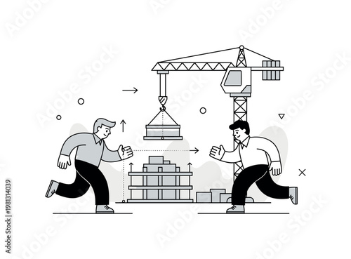 Building process. A crane carefully places a structural element into position, highlighted by subtle guide lines and arrows. Minimal dots and shapes indicate