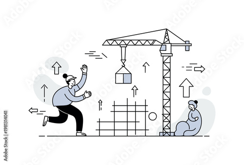 Cranes on construction site. A tall construction crane lifts a simple block while a minimal building frame rises beneath it. Small arrows and motion lines show