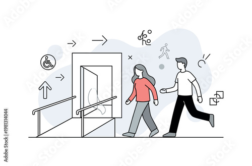 Accessible design. A single entrance with a smooth ramp and wide doorway stands at the center, while a person approaches with ease. Subtle arrows and icons