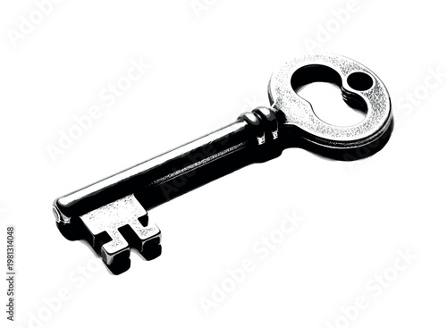 A single antique brass key in close-up, ornate bow and worn teeth clearly visible, centered and slightly angled, minimal composition, black and white halftone