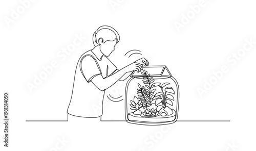 "Miniature Plant Habitat". Minimalistic one-line drawing person adding finishing touches to small plants inside terrarium with subtle motion lines, continuous