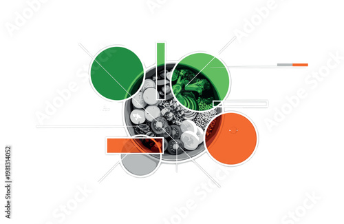 plant-based meal bowl with vegetables and grains as main subject, black and white realistic food textures, bold green and orange geometric circles