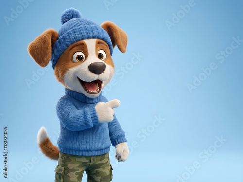 Cute puppy mascot pointing and smiling on blue background