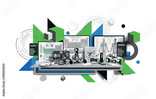 classroom setup with STEM materials like robotics kits, calculators, and science charts, black and white objects with layered depth, bold green and blue