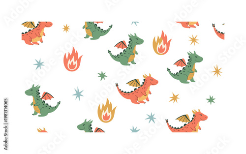 Cute dragons fantasy theme, seamless pattern, repeating pattern, surface design, textile print, soft color palette, modern illustration, no shadows, flat