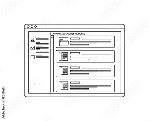 "Learning Management Systems". Minimalistic one-line drawing computer screen with organized course modules and user interface elements, continuous single black