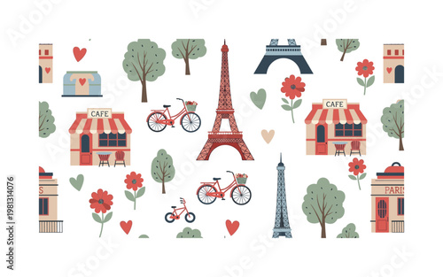Paris landmarks romantic theme, seamless pattern, repeating pattern, surface design, textile print, soft color palette, modern illustration, no shadows, flat
