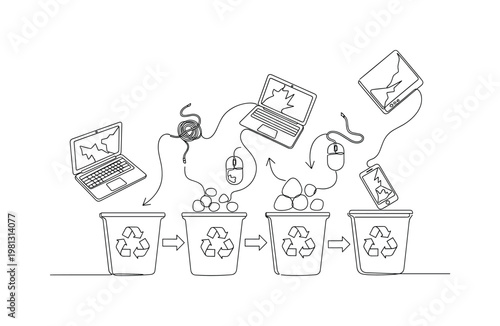 "E-Waste Recycling". Minimalistic one-line drawing discarded electronics being sorted into recycling flow with arrows, continuous single black line on white