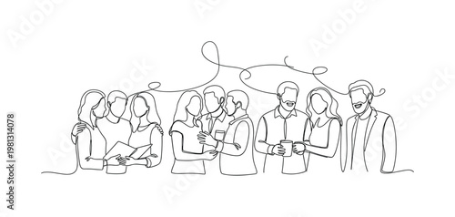 "Building Relationships". Minimalistic one-line drawing people interacting warmly with subtle connecting curves between them, continuous single black line on