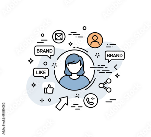 Digital persona branding. A central avatar is surrounded by simple brand icons and engagement symbols like likes and shares. Tiny stars and motion lines