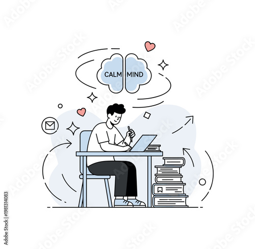 Education and mental health. A student sits at a desk with books while a calm mind icon like a soft cloud or brain shape floats above, surrounded by gentle