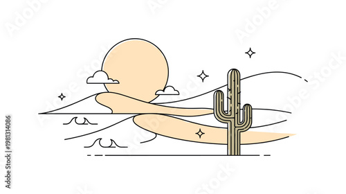 Deserts. A wide sandy landscape with a single cactus stands under a large sun, with soft dunes forming gentle curves. Small wave lines and sparkles suggest
