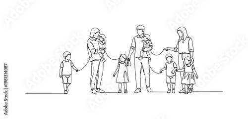 "Positive Family Interaction". Minimalistic one-line drawing children and adults playing or communicating together with connecting gestures, continuous single