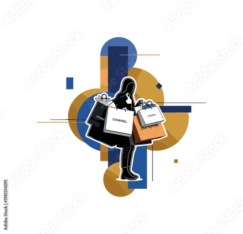 person carrying branded shopping bags in luxury store as main subject, black and white realistic figure and merchandise, bold gold and blue geometric circles