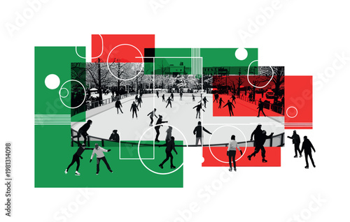 holiday ice rink scene with lights, decorations, and multiple skaters, black and white environment with dynamic figures, bold green and red geometric blocks