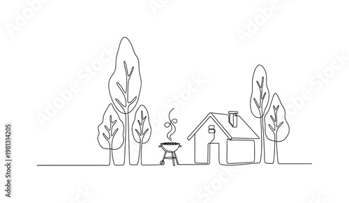 "Spring Dacha Atmosphere". Minimalistic one-line drawing trees, small house, and barbecue grill with rising smoke in calm evening setting, continuous single