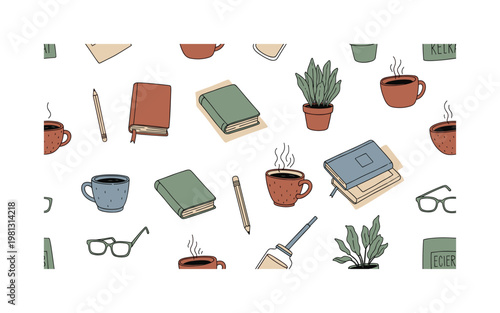 Simple sketchy everyday objects, seamless pattern, repeating pattern, surface design, textile print, soft color palette, modern illustration, no shadows, flat