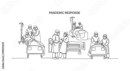 "Pandemic Response". Minimalistic one-line drawing medical professionals in protective gear attending patients, continuous single black line on white