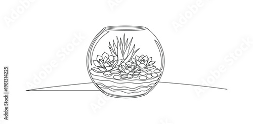 "Indoor Greenery". Minimalistic one-line drawing arranged succulents and decorative stones in glass terrarium on table, continuous single black line on white