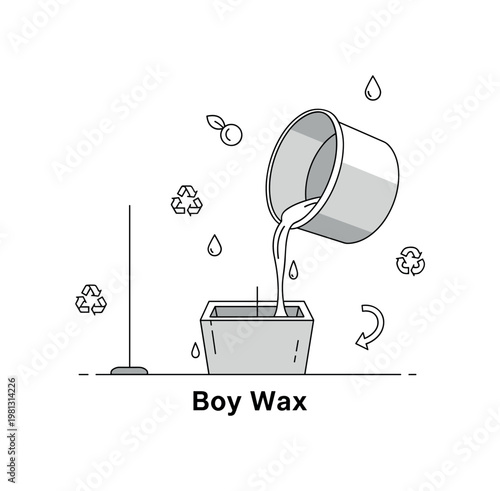 Soy wax crafting. A minimal pot of melted wax pours into a centered mold, with a wick standing straight in place. Tiny eco symbols and droplets float around,
