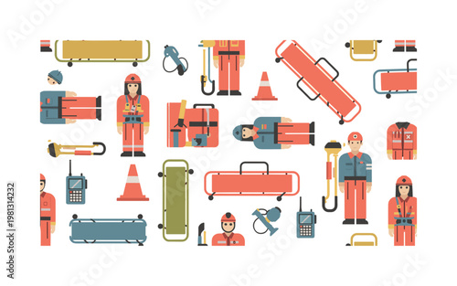 Emergency response. A rescue boat moves through flooded streets near a central building, guided by minimal arrows and signal icons. Small stars and shapes