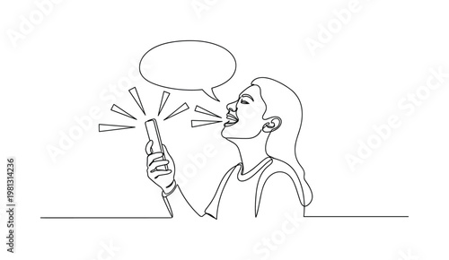 "Humor Content Idea". Minimalistic one-line drawing person laughing at phone with speech bubble and comic lines, continuous single black line on