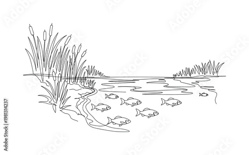 "Freshwater Habitat". Minimalistic one-line drawing riverbank with reeds, fish beneath water line, and simple current flow, continuous single black line on