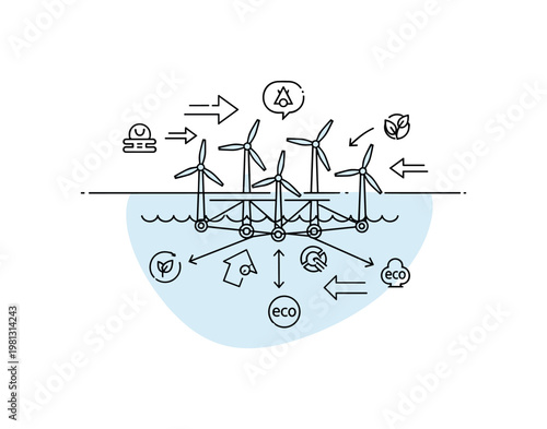 Sustainable ocean infrastructure. A cluster of turbines connects through simple lines beneath the water, forming a clean network. Small arrows and eco icons
