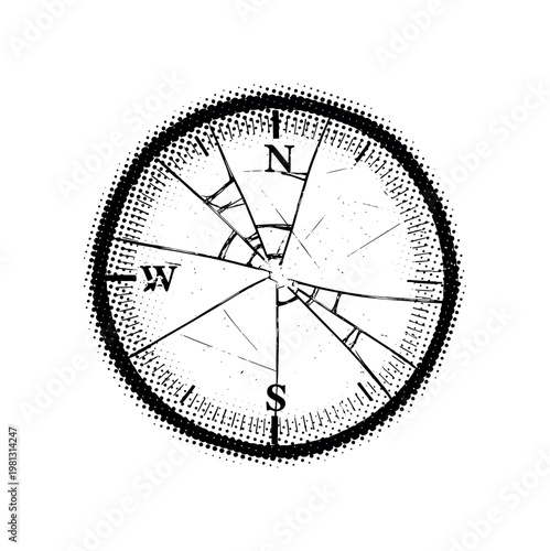 A cracked glass compass face with subtle scratches across the surface, centered and minimal, monochrome halftone illustration, visible print dots, editorial