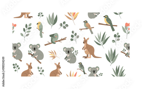 Australian animals with plants and nature elements, seamless pattern, repeating pattern, surface design, textile print, soft color palette, modern