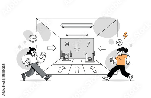 Workout space design. A central basement area features simple equipment positioned along walls, with arrows guiding flow of movement. Small icons like a clock