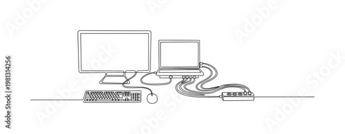 "Cable Management". Minimalistic one-line drawing office workstation with tidy wires connecting devices to power source, continuous single black line on white