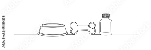 "Pet Care Products". Minimalistic one-line drawing pet bowl, toy, and wellness items arranged neatly, continuous single black line on white background, simple