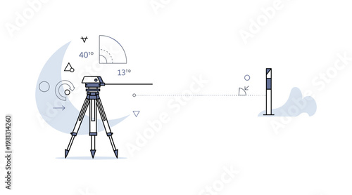 Geodetic measurement. A single survey tripod with a mounted device points toward a distant marker pole, connected by a thin dotted line. Subtle angle arcs and