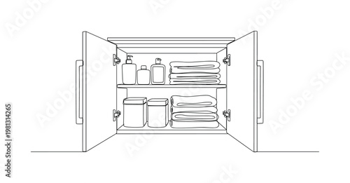 "Clean Bathroom Space". Minimalistic one-line drawing open cabinet with balanced layout of containers and folded items, continuous single black line on white