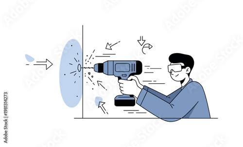 Using a drill. A person holds a power drill against a wall, with small motion lines and tiny debris particles showing active drilling. Subtle arrows and sparks
