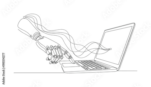 "Digital Prosthetic Control". Minimalistic one-line drawing bionic hand pressing buttons on laptop with flowing connection lines, continuous single black line
