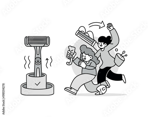 Compact storage solution. A small holder keeps a razor elevated and dry, with minimal airflow lines indicating ventilation. Tiny checkmarks and clean shapes