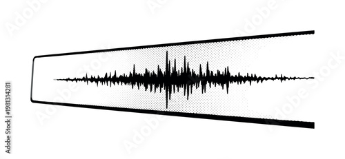 A waveform line oscillating across a narrow display strip, abstract and minimal, off-center composition with negative space, black and white halftone