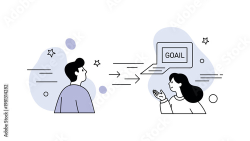 Vision building. A person looks toward a simple goal icon ahead while abstract shapes form a path between them. Subtle motion lines and stars highlight