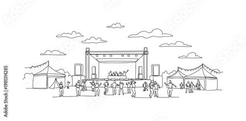 "Outdoor Festival Scene". Minimalistic one-line drawing stage under open sky with people dancing and minimal tent shapes, continuous single black line on white
