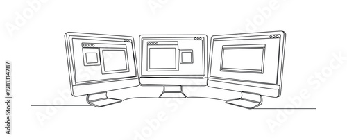 "Productivity Setup". Minimalistic one-line drawing three monitors arranged in slight curve with task windows implied, continuous single black line on white
